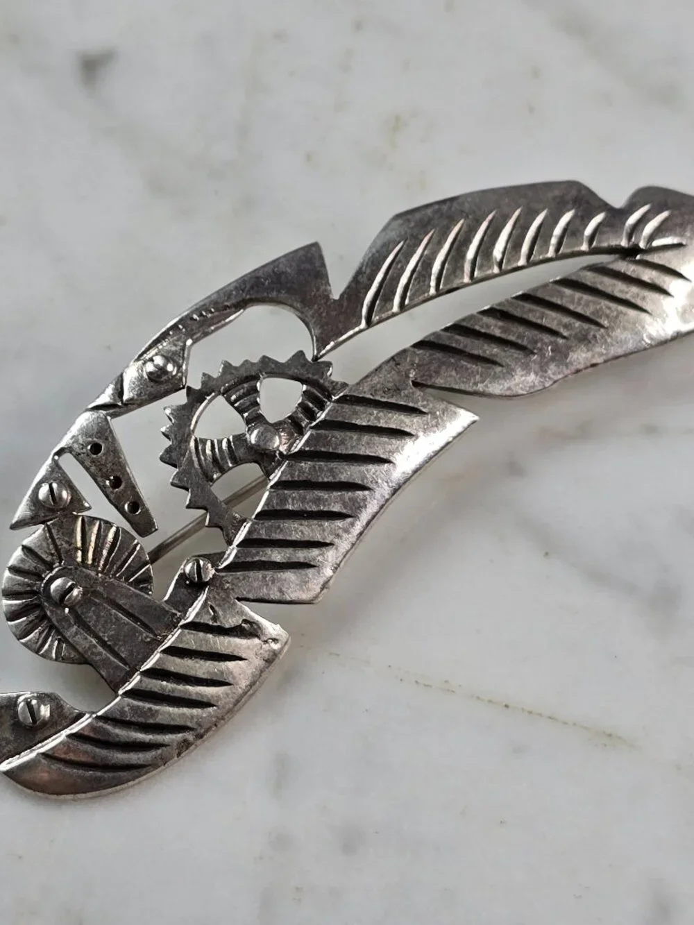 Womens Vintage Estate Sterling Silver Native American Feather Brooch 13.1g E655